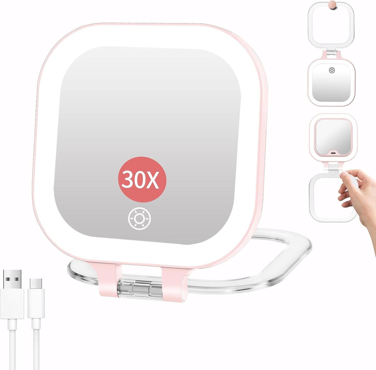 FUNTCH 7" Travel Makeup Mirror - 30X Magnification, Rechargeable Double-Sided Lighted Vanity Mirror with 3 Color Lights & Adjustable Brightness | 300° Rotation, Perfect Gift for Women, White