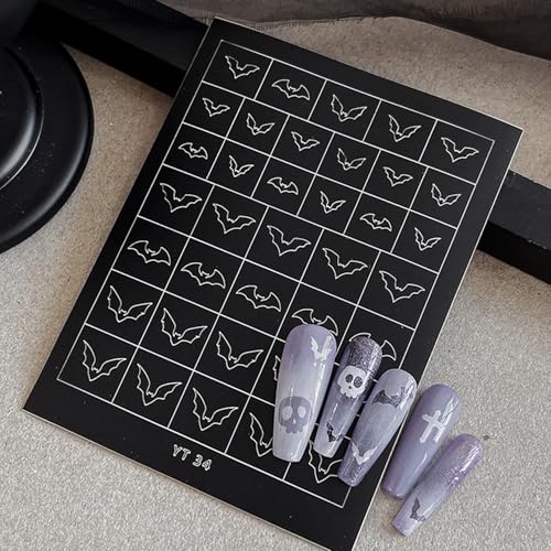 Halloween Nail Stickers Set - Spooky Bat Pumpkin Skeleton Designs, Airbrush Stencils for Nail Art, Self-Adhesive Decals, Style 16