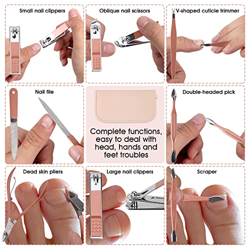 Nail Clippers & Beauty Tool Portable Set, Rose Gold Manicure Set, 12 in 1. | Martensitic Stainless Steel, Pink Leather Bag, Suitable for Home, Workplace, Outdoor Travel, Gift Giving, Salon.