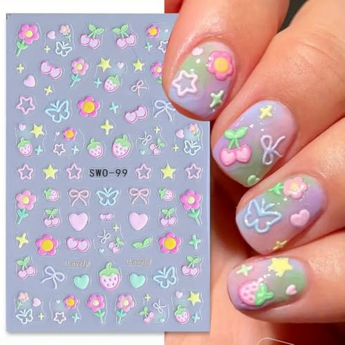 Juggssa Sweet Flower 5D Embossed Nail Stickers – Colorful Cherry, Strawberry, Heart & Star Designs for Manicure, 3 Sheets