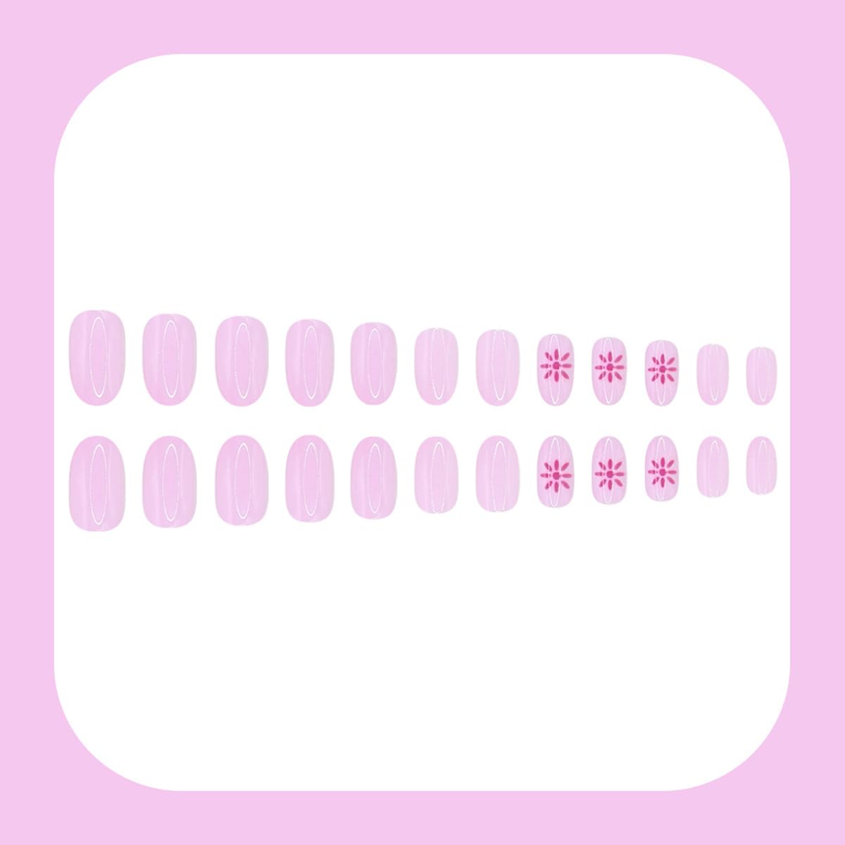Press On Nails - Medium Oval Pink Fake Nails with Summer Designs | 24 Pcs Reusable Glossy Full Cover