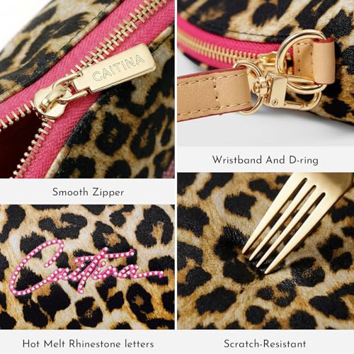 Rose Red Leopard Makeup Bag with Wristlet - Large Travel Cosmetic Organizer