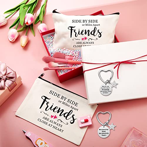 4 Pcs Friendship Gift Set: Canvas Makeup Bags & Stainless Steel Keychains