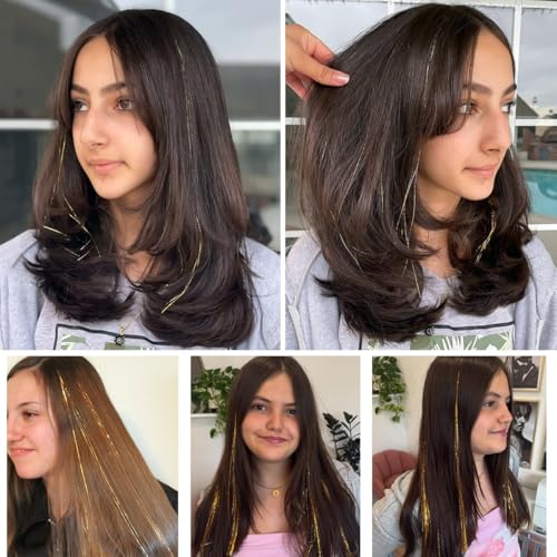 ShowJarlly Gold Hair Tinsel Kit - 18 Pcs Clip-In Extensions