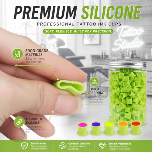 TNBUENO Green Disposable Silicone Tattoo Ink Cups 300-Pack for Permanent Makeup