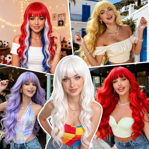 ANOGOL Red White Blue Wig - 32in Patriotic Costume Wig for Women