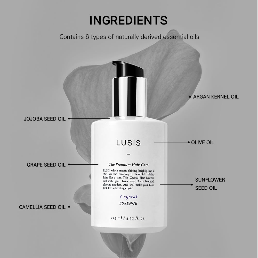 LUSIS Crystal Hair Essence – Protein & Keratin Leave-In Treatment for Damaged Hair Repair, Volume Boost & Shine -6 Oil Blend for Smooth, Frizz-Free, Silky, Healthy Hair, 4.22 fl.oz (K-Beauty Hair Oil)