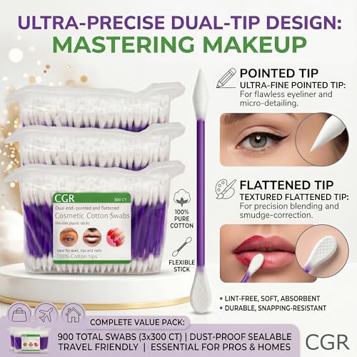 900pcs CGR Precision Cotton Swabs with Pointed and Flattened Tip Cosmetic Makeup Applicator(3x300pcs in bags)
