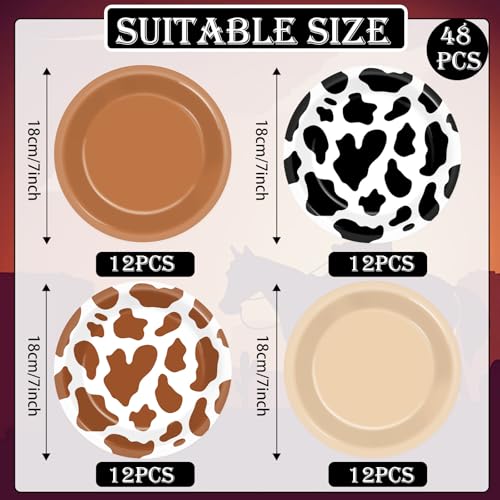 48-Piece Western Cowboy Party Plates - 7-Inch Disposable Cow Print