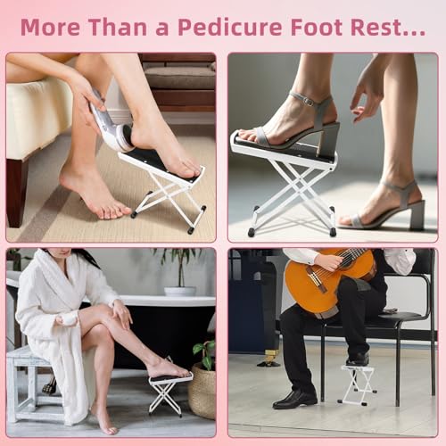 Neotidy Adjustable Pedicure Foot Rest, Foldable Non-Slip Metal Stool - White
