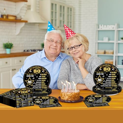 80th Birthday Party Supplies Set - Black Gold Plates & Napkins