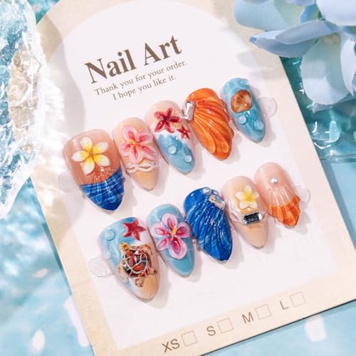 30pcs Almond Press on Nails with Sea Turtle & Flower Design