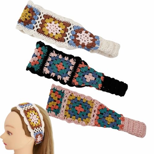 3PCS Handmade Crochet Headbands - Bohemian Knit Elastic Hair Wraps