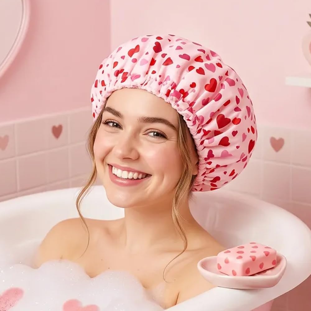 3 in 1 Shower Cap for Women, Pink Heart Print Reusable Waterproof Terry Lined Elastic Bath Wrap Long Braided Hair (Love)