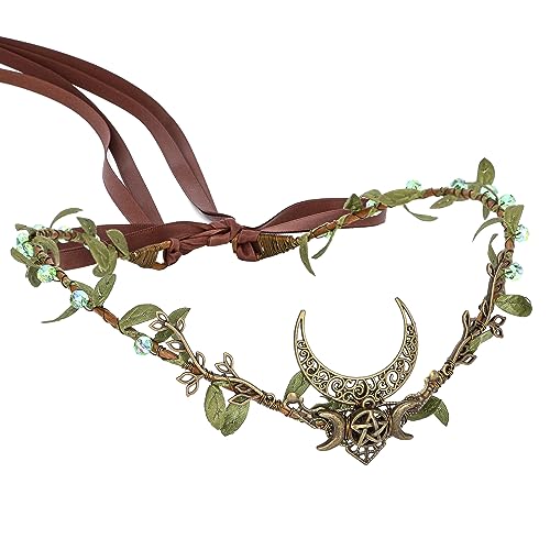 MOSTORY Green Rhinestone Elf Moon Crown - Woodland Fairy Tiara for Cosplay & Medieval Costumes