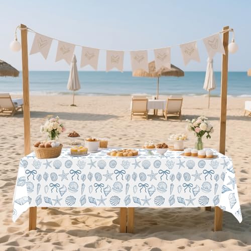 3 Pcs Blue Seashell Tablecloths - 54 x 108 Inch Waterproof Plastic for Beach Parties
