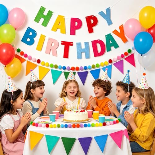Happy Birthday Banner Set - Multicolor Felt Garland & Pom Poms