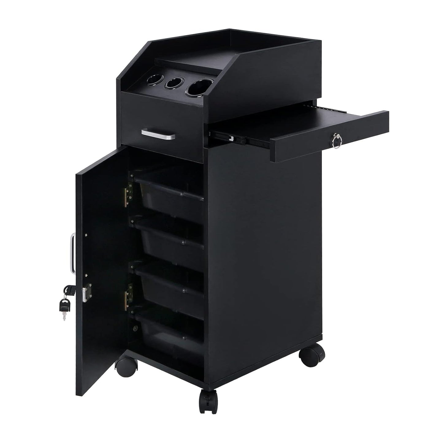 Hair Salon Storage Cart - Mobile Makeup Case with Wheels, 3 Hair Dryer Holders & 4 Drawers | Black Utility Trolley