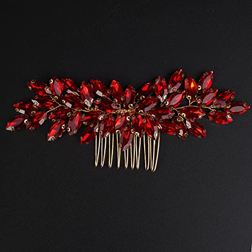 Teyglen Red Rhinestone Bridal Hair Comb Wedding Accessories for Women & Girls