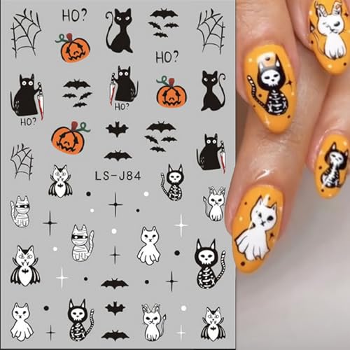 FUKIDOG Cute Halloween Nail Art Stickers Ghost Pumpkin Bat 3D Self-Adhesive Decals for Women & Kids - Halloween DIY Manicure Supplies, 6 Sheets