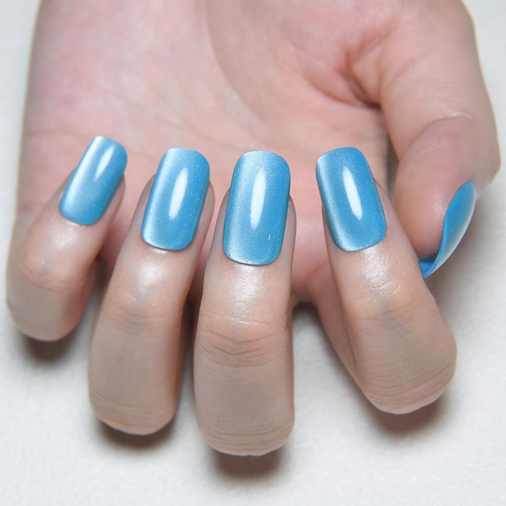 Aqua Blue Cat Eye Press-On Nails - Medium Square Chrome Design | Holographic Glitter Gel Acrylic Reusable