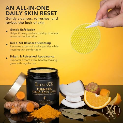 LuxeZX Turmeric Kojic Acid Face & Body Exfoliating Pads – Brightening & Dark Spot Corrector, 60 Radiance Pads
