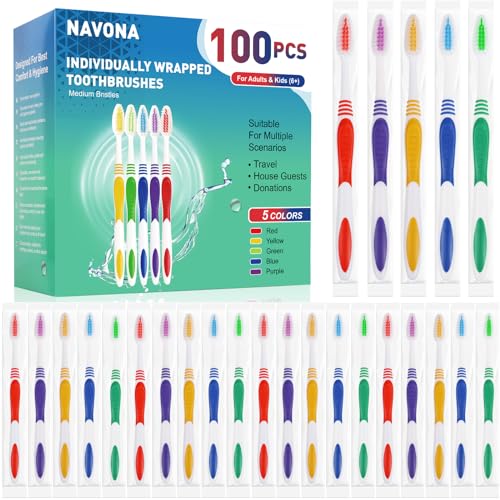 Navona 100 Pack Disposable Toothbrushes Individually Wrapped Soft Bristle, Travel & Household Use