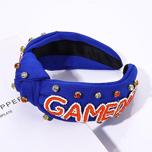 YAHPERN Blue Game Day Headband for Women - Crystal Pearl Knotted Sports Hair Accessory