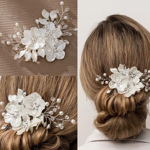 Supgoodom Glitter Emboss White Flower Bridal Hair Clips & Pins Set - Crystal Pearl Wedding Accessories
