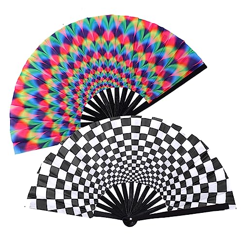 2 PCS Large Bamboo Folding Hand Fan - Colorful Rave Accessory