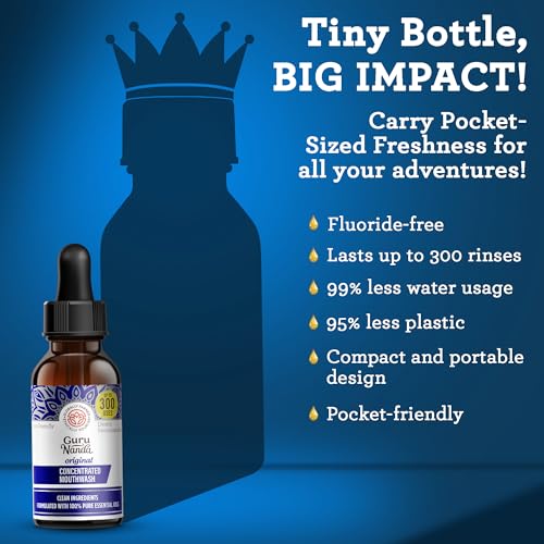 GuruNanda Concentrated Mint Mouthwash 1 Pack, Supports 300 Rinses, Fluoride-Free, Natural Essential Oils