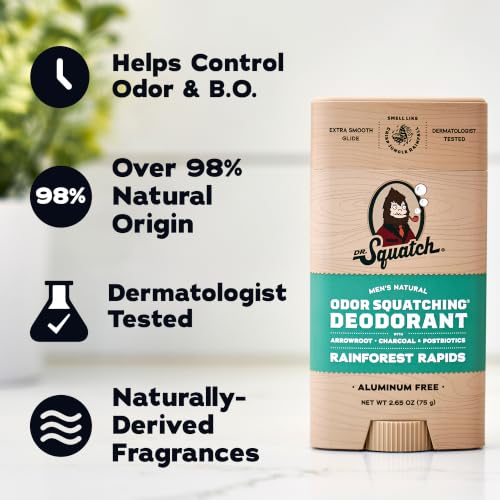 Dr. Squatch Natural Men¡¯s Deodorant ? Aluminum Free Natural Deodorant Men with Charcoal & Postbiotics for 72-Hour Odor Protection ? Rainforest Rapids + Fresh Falls, 2.65oz Stick (2-Pack)