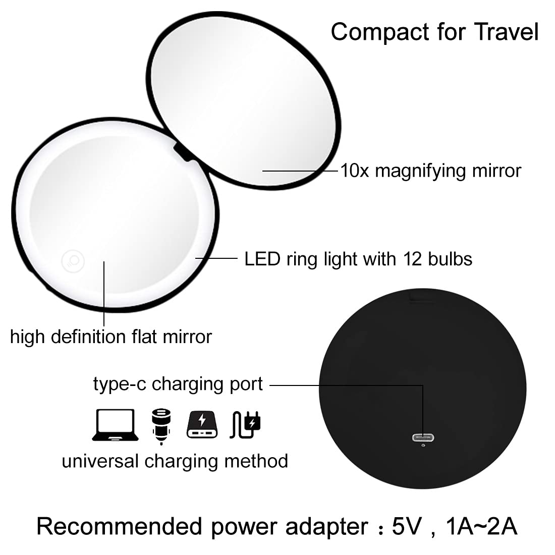 Milishow Compact Mirror with LED Light,1x/10x Magnifying Rechargeable Mirror,3.5in, Dimmable Travel Mirror for Purse,Pocket,Handheld 2-Sided Makeup Mirror