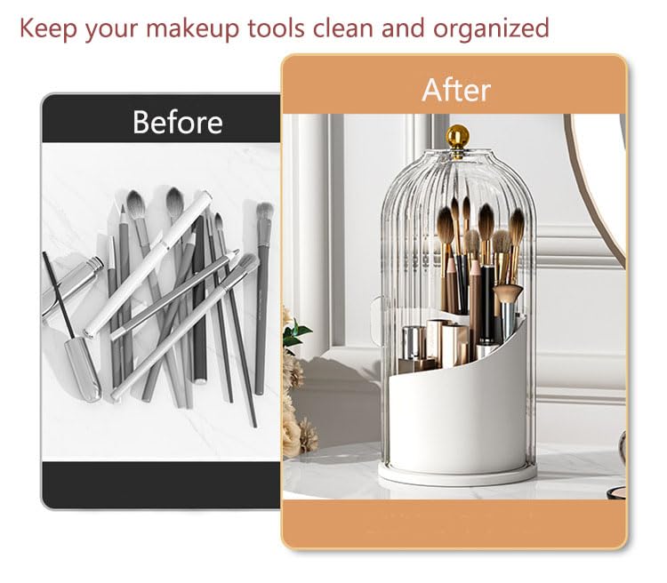 Skatx 360° Rotating Makeup Brush Holder with Dustproof Lid - White