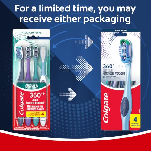 Colgate 360 Deep Clean 4-in-1 Bacteria-Removing Toothbrush Pack of 4 - Medium Bristles
