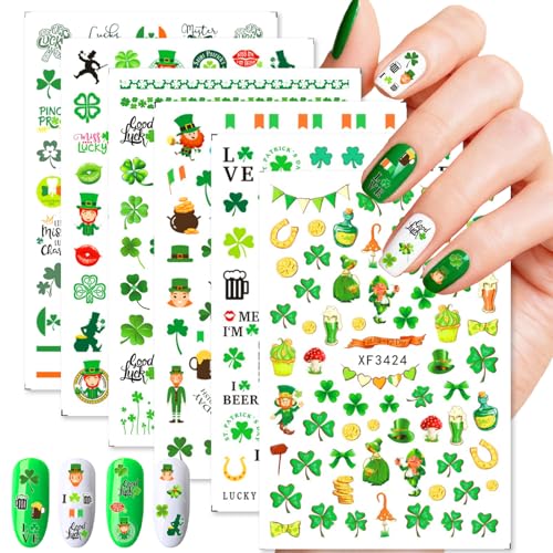 St. Patrick's Day Nail Art Stickers - 6PCS Shamrock & Clover Self-Adhesive Decals