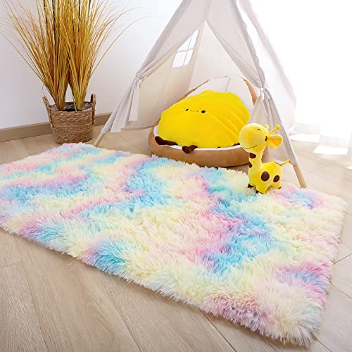 Noahas Rainbow Fluffy Soft Runner Rug - Non-Slip Kids Bedroom