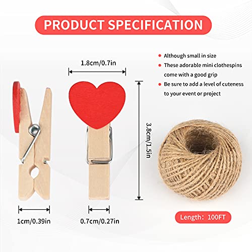 jijAcraft 100 Pcs Colorful Heart Wooden Photo Clips with Twine