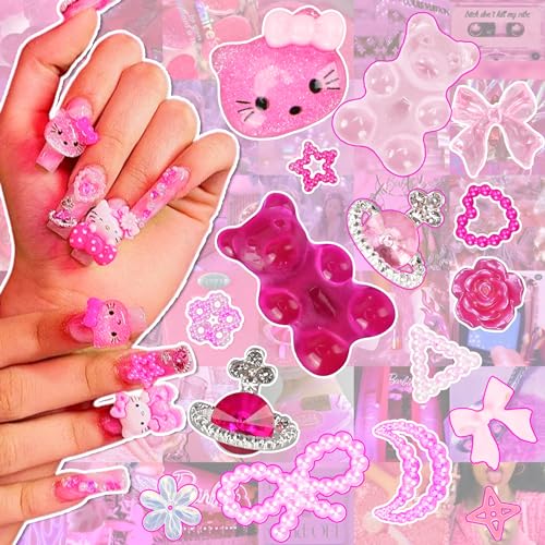 Pink Nail Charm Set - 3D Gummy Bear, Butterfly & Bow Designs