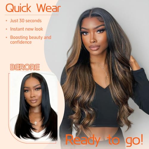 28 Inch Honey Blonde Highlights Black Roots Lace Front Wig - Walsdi 5x5 HD Synthetic Body Wave, Pre-Cut & Glueless, Easy Install for Beginners