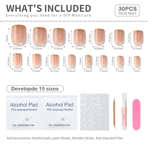 Pink Short Square Press On Nails with Gold Accent - 30 Pcs