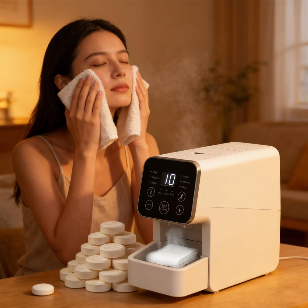 Hot Towel Warmer Machine - 55°C Auto Heating & Dispensing | Includes 50 Compressed Towels, White