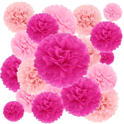 BestoFun 16Pcs Hot Pink Pom Poms for Party Decorations
