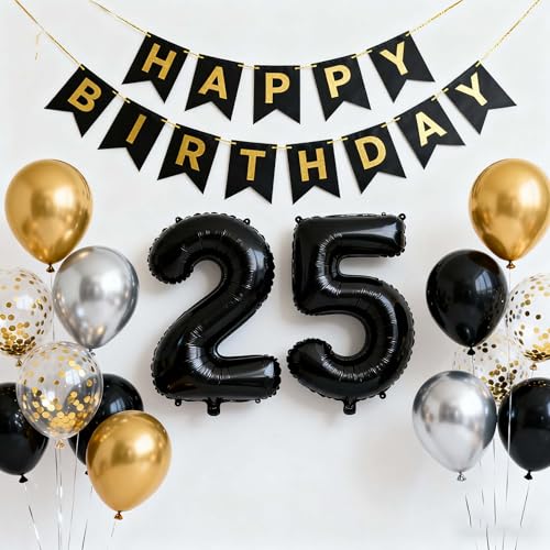 25th Birthday Decorations Set for Men - Black, Gold & Silver Balloons