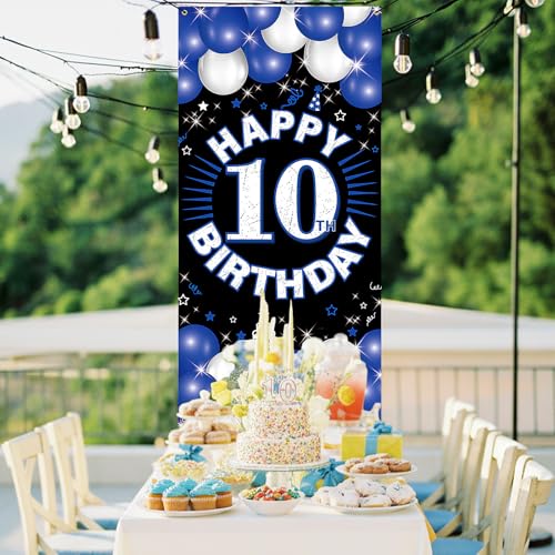 10th Birthday Fabric Backdrop Banner for Boys & Girls - Blue