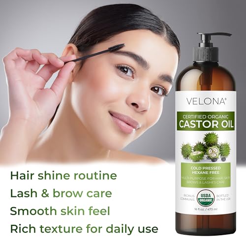 Velona USDA Organic Castor Oil 16 fl oz, Cold Pressed with Pump - Organic Castor Oil