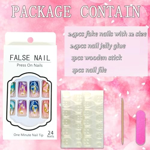 24Pcs Pink Gradient Press-On Nails Set - Medium Coffin with Gold Designs
