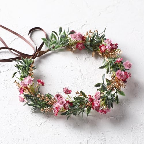 Red Flower Crown Headband with Golden Green Leaves & Pink Flowers