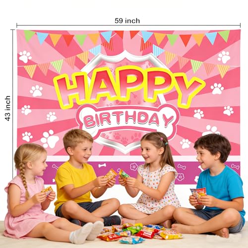 Happy Birthday Banner with Pink Paw Prints - 59x43 Inches