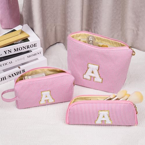 Junesters Personalized Purple Initial Makeup Bag Set - Travel Cosmetic Organizer for Women